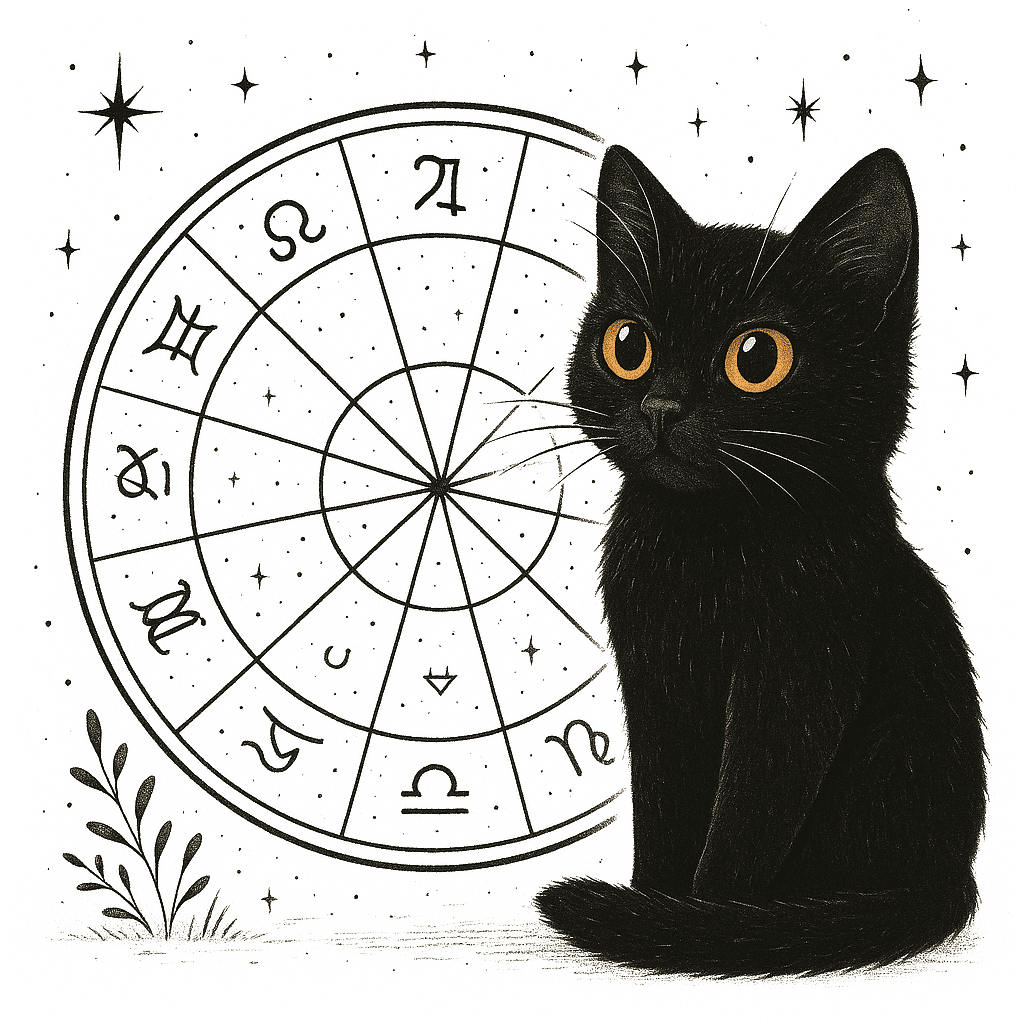 Illustration of a black cat sitting beside a zodiac wheel