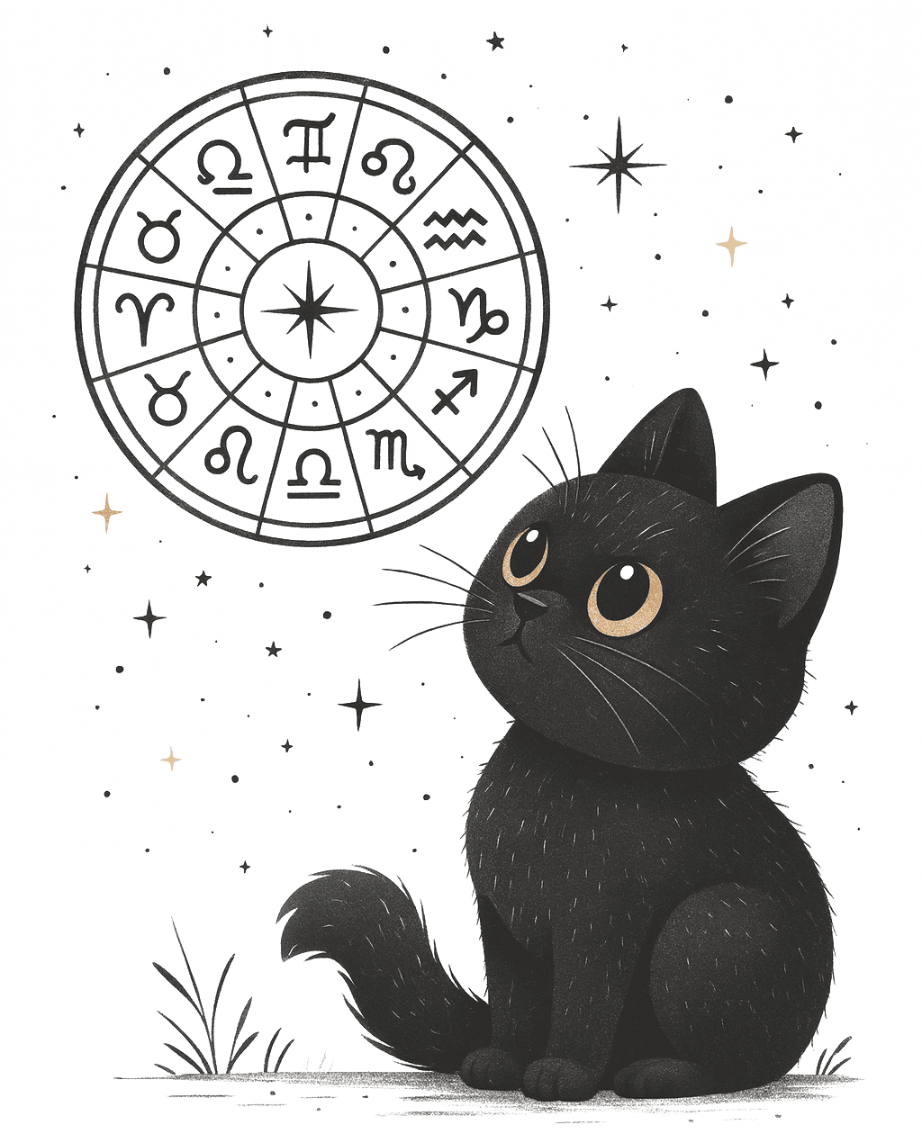 Illustration of a black cat studying a zodiac chart